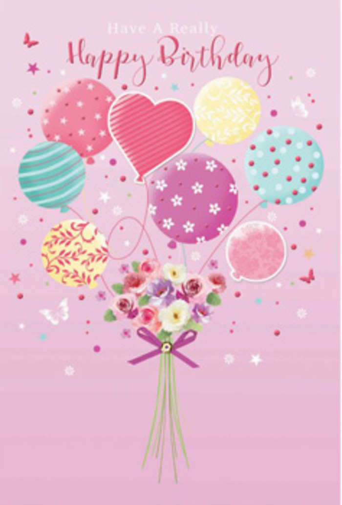 This image shows a heartwarming birthday design that blends pastel balloons with a tender bouquet, as if crafted for a celebration in a cosy Orpington home. At the top, a group of floating balloons seems to rise effortlessly, their surfaces painted in pale sunshine yellow, rosy fuchsia, lavender, and soft turquoise. Each balloon has its own decorative pattern: some are wrapped in swirling stripes like sweet shop ribbons from near Orpington High Street, others are scattered with tiny polka dots, while a few feature delicate floral and star-like details that feel almost hand-drawn. The gentle shine on the balloons suggests they are freshly filled, catching the light as though placed near a bright window. All their ribbons stream down to meet a small, hand-tied bouquet at the base, giving the impression that the flowers themselves are being lifted skyward. The bouquet features petite rose-like blossoms and daisy-inspired flowers, shaded from creamy ivory at the centre to soft rose at the edges, as though kissed by early morning light. The petals look velvety and finely layered, each bloom nestled thoughtfully against the next. A shimmering purple ribbon clasps the stems together, its satin texture adding a note of elegance and showing the careful hand of a professional florist. Around the composition, tiny stars and butterfly shapes flutter lightly, adding a touch of daydream charm, like catching sight of butterflies in Priory Gardens on a warm day. The background fades into a gentle pink wash, creating a calm, uplifting atmosphere. Overall, the artwork conveys quiet jubilation and affection, turning a simple birthday greeting into a moment that feels truly cherished and personal.
