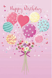 The artwork portrays a whimsical birthday scene where pastel balloons and a dainty bouquet come together in a soft pink space, reminiscent of a joyful gathering somewhere off Orpington High Street. A cluster of balloons rises at the top, painted in delicate hues of blush, sea green, lemon yellow, and lavender. Each balloon has a distinct personality: some spin with candy-coloured stripes that curl like party streamers, others are sprinkled with playful polka dots, while one heart-shaped balloon glows at the centre, radiating a sense of affection and closeness. Their shiny surfaces gleam as if catching gentle daylight, and the fine strings trail downward in a graceful arc. At the base, a bouquet of small roses and anemone-like blossoms forms a soft cushion of colour, the flowers arranged in creamy ivory, blush pink, gentle mauve, and hints of soft peach. The petals appear feathery and layered, overlapping in a way that feels both natural and expertly composed, like something prepared by a local Orpington florist for a special birthday surprise. A neat violet satin bow holds the stems together, its sheen hinting at a silky texture beneath your fingertips. Scattered around the balloons and bouquet are tiny stars and butterfly shapes, as if confetti and nature have mingled in one enchanted moment, adding a touch of fairy-tale wonder. The background remains a gentle wash of pink, not too bright, allowing the colours of the balloons and flowers to glow. The whole piece feels light, sweet, and uplifting-an image that captures the essence of a birthday filled with warmth, thoughtfulness, and quiet celebration.